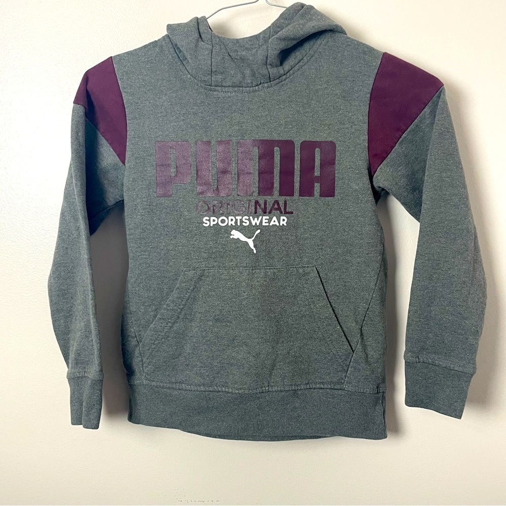 Puma Kids Pullover Hoodie – Gray & Burgundy  Size: Small (8)